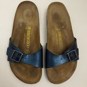 Birkenstock Single Strap Navy Blue Leather Slide Sandals